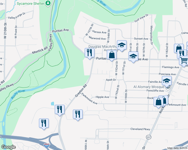 map of restaurants, bars, coffee shops, grocery stores, and more near 4549 Grayton Road in Cleveland