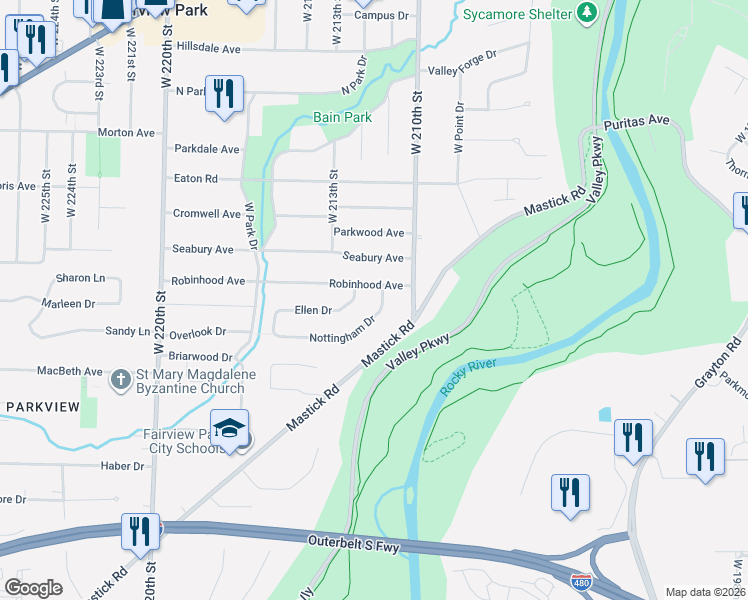map of restaurants, bars, coffee shops, grocery stores, and more near 21241 Nottingham Drive in Fairview Park