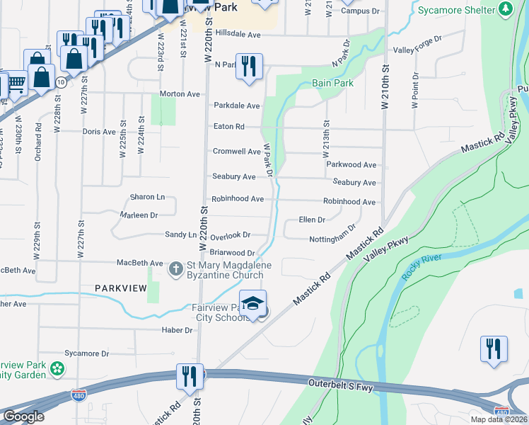 map of restaurants, bars, coffee shops, grocery stores, and more near 21780 Overlook Drive in Fairview Park
