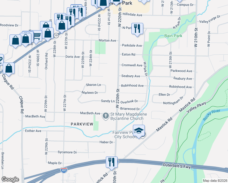 map of restaurants, bars, coffee shops, grocery stores, and more near 22118 Sandy Lane in Fairview Park