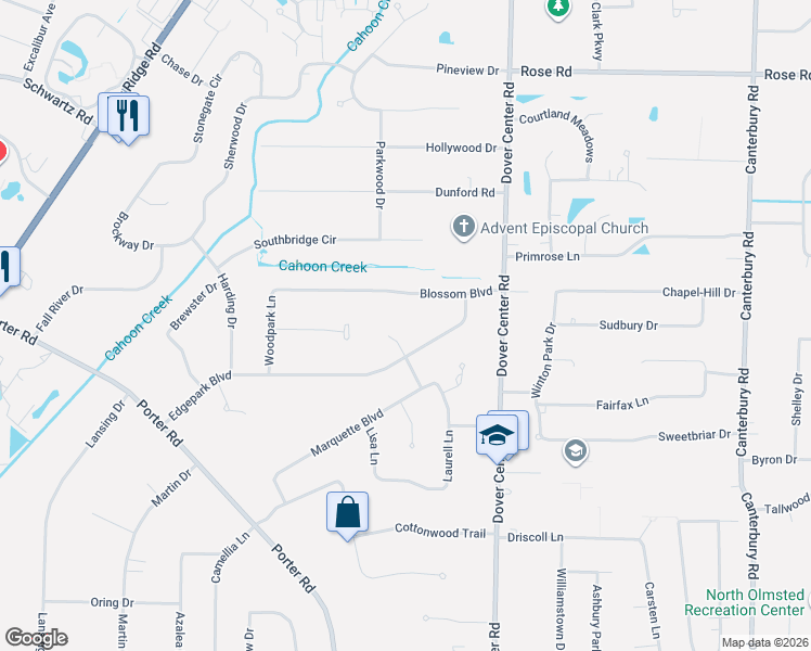 map of restaurants, bars, coffee shops, grocery stores, and more near 27566 Edgepark Drive in North Olmsted