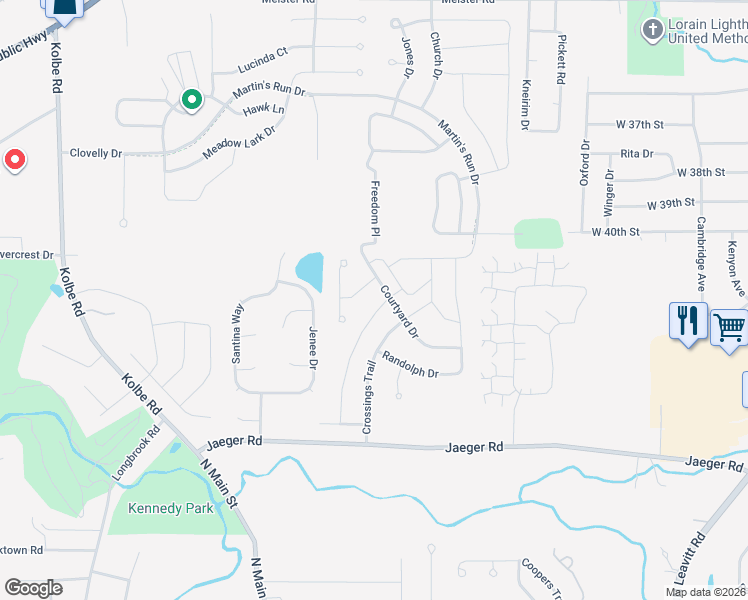 map of restaurants, bars, coffee shops, grocery stores, and more near 4576 Fields Way in Lorain