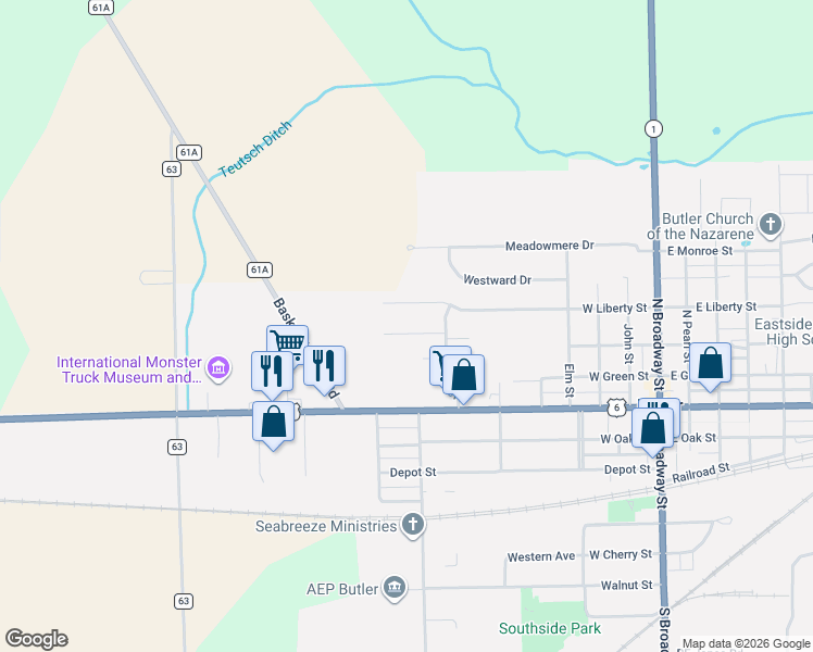 map of restaurants, bars, coffee shops, grocery stores, and more near 630 Independence Street in Butler