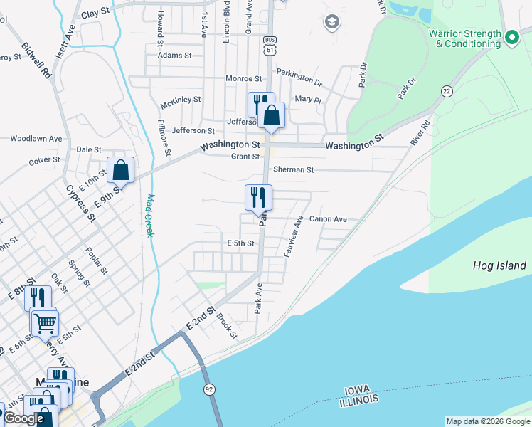 map of restaurants, bars, coffee shops, grocery stores, and more near 106 Canon Ave in Muscatine