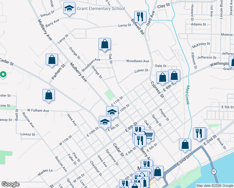 map of restaurants, bars, coffee shops, grocery stores, and more near 602 East 11th Street in Muscatine