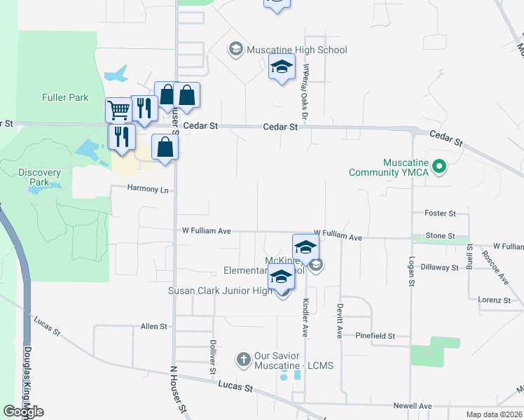 map of restaurants, bars, coffee shops, grocery stores, and more near 1807 Green Acres Dr in Muscatine