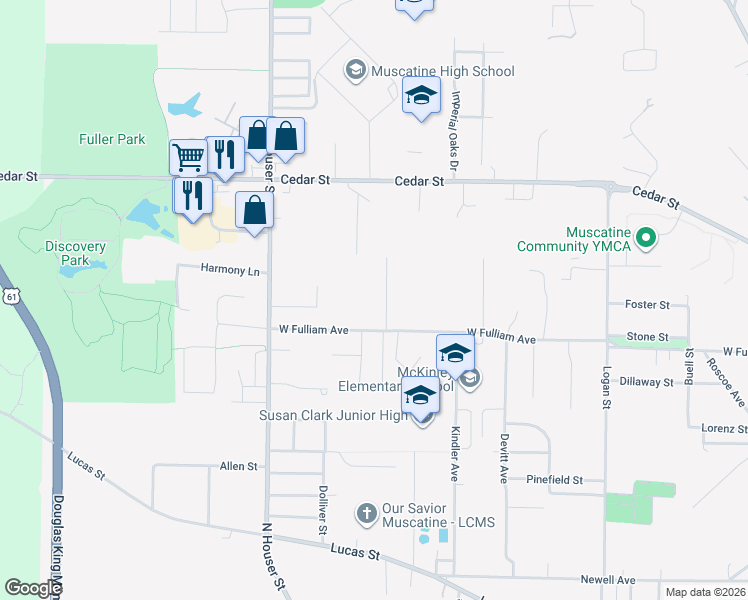 map of restaurants, bars, coffee shops, grocery stores, and more near 2525 West Fulliam Avenue in Muscatine