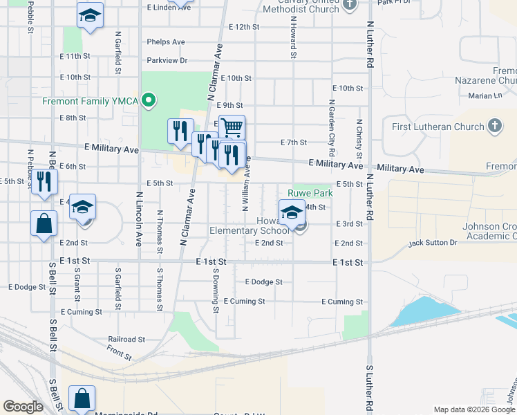 map of restaurants, bars, coffee shops, grocery stores, and more near 2018 East 3rd Street in Fremont