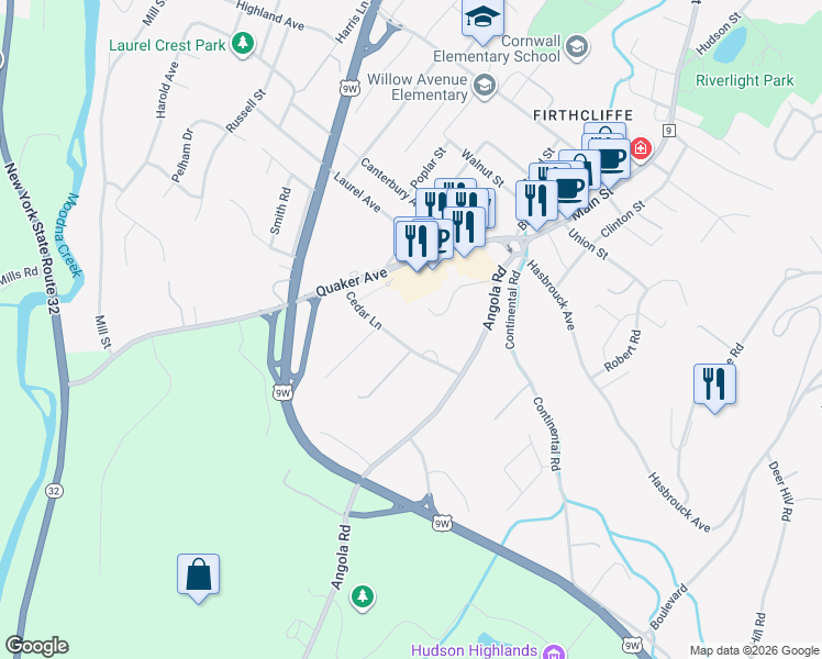map of restaurants, bars, coffee shops, grocery stores, and more near 16 Cedar Lane in Cornwall