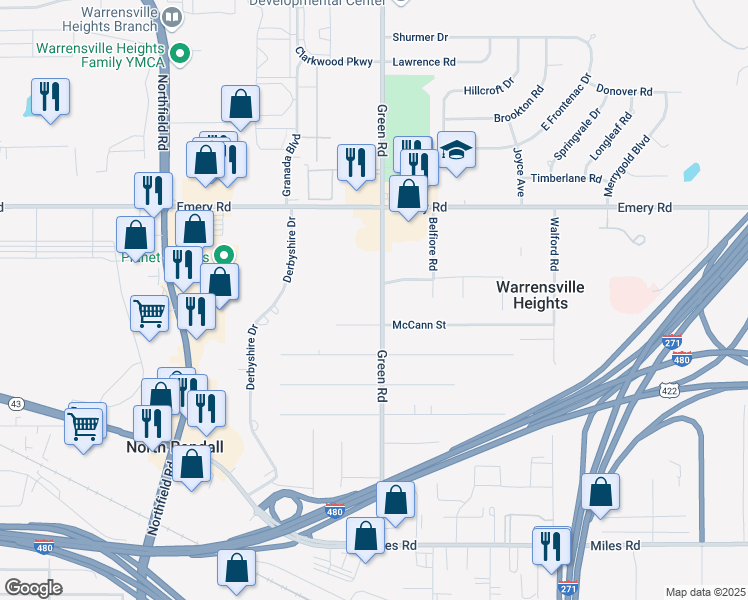 map of restaurants, bars, coffee shops, grocery stores, and more near 4734 Green Road in Warrensville Heights