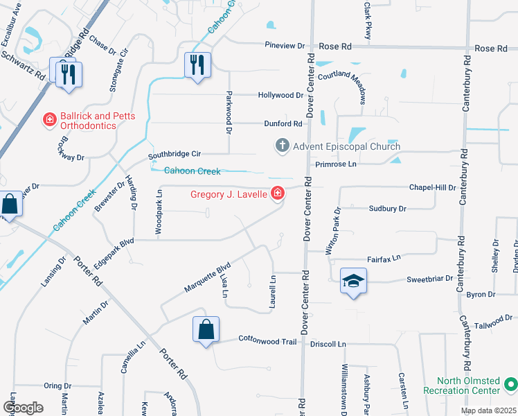 map of restaurants, bars, coffee shops, grocery stores, and more near 27437 Edgepark Boulevard in North Olmsted