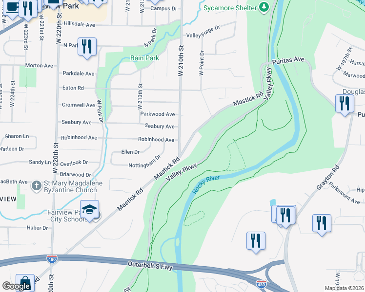 map of restaurants, bars, coffee shops, grocery stores, and more near 21004 Mastick Road in Fairview Park