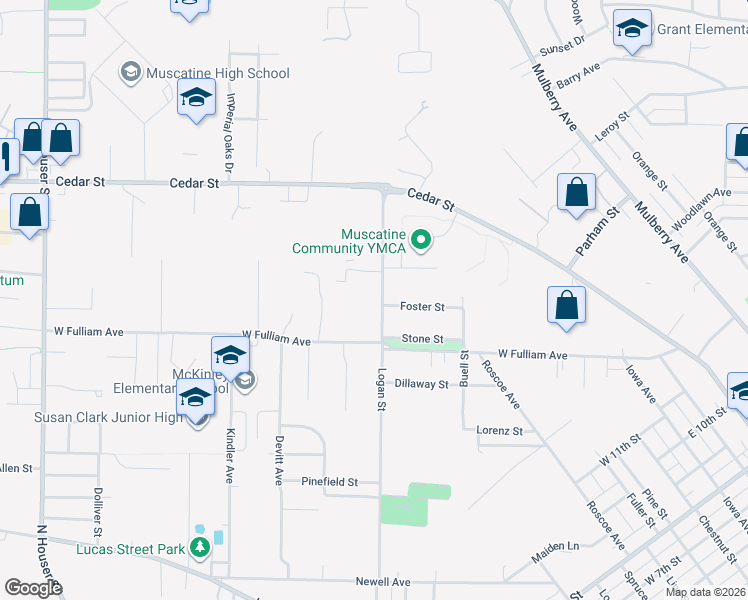 map of restaurants, bars, coffee shops, grocery stores, and more near 1800 Logan Street in Muscatine