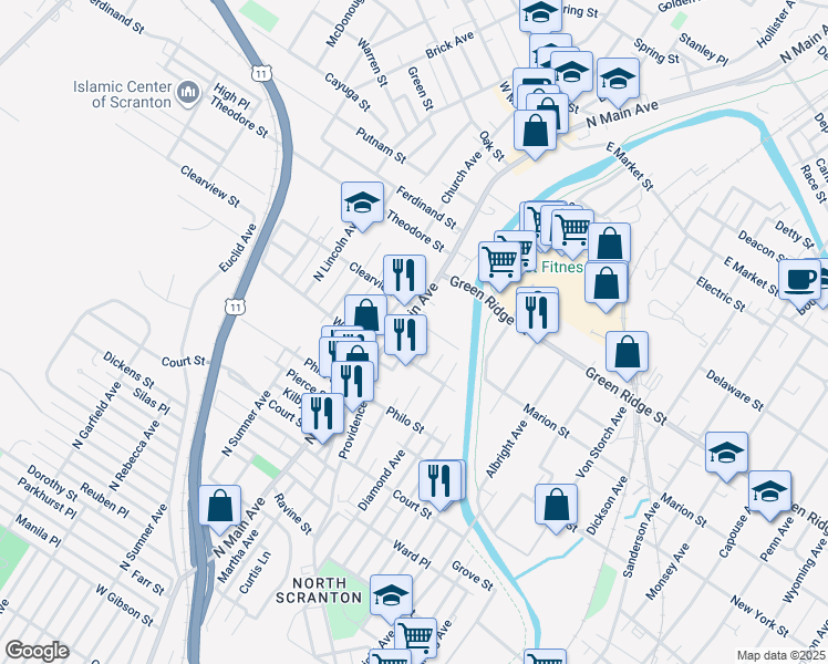 map of restaurants, bars, coffee shops, grocery stores, and more near 1016 Wood Street in Scranton