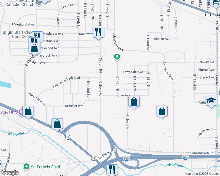 map of restaurants, bars, coffee shops, grocery stores, and more near 14407 Ohio Avenue in Cleveland