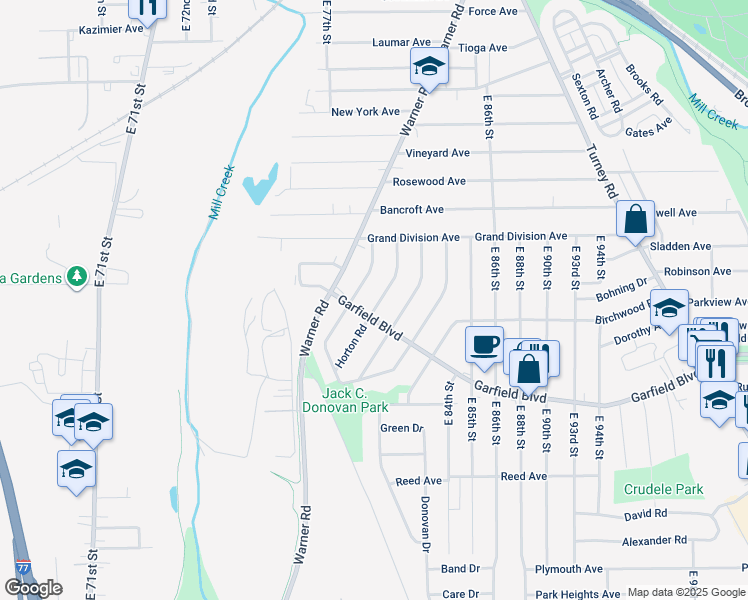 map of restaurants, bars, coffee shops, grocery stores, and more near 8032 Garfield Boulevard in Garfield Heights