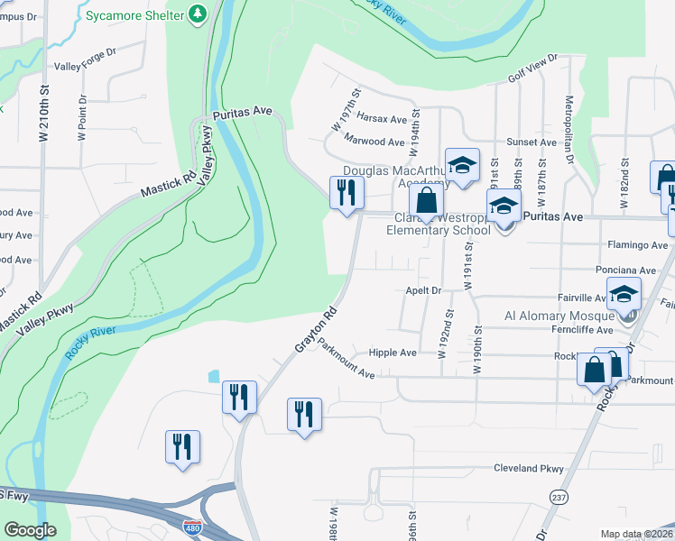 map of restaurants, bars, coffee shops, grocery stores, and more near 4612 Grayton Road in Cleveland