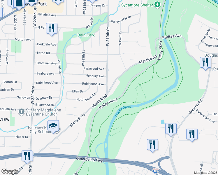 map of restaurants, bars, coffee shops, grocery stores, and more near 21004 Mastick Road in Fairview Park