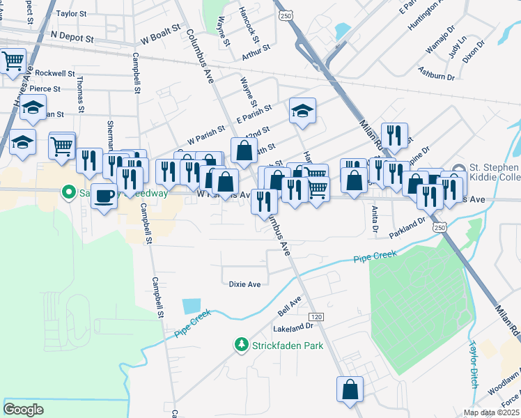 map of restaurants, bars, coffee shops, grocery stores, and more near 2525 Columbus Avenue in Sandusky