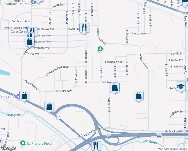 map of restaurants, bars, coffee shops, grocery stores, and more near 14407 Ohio Avenue in Cleveland