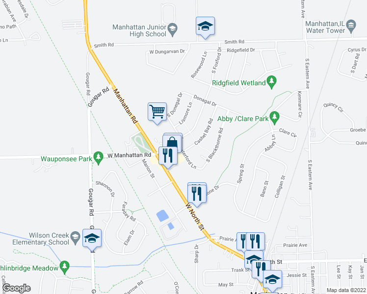 map of restaurants, bars, coffee shops, grocery stores, and more near 15624 Waterford Lane in Manhattan
