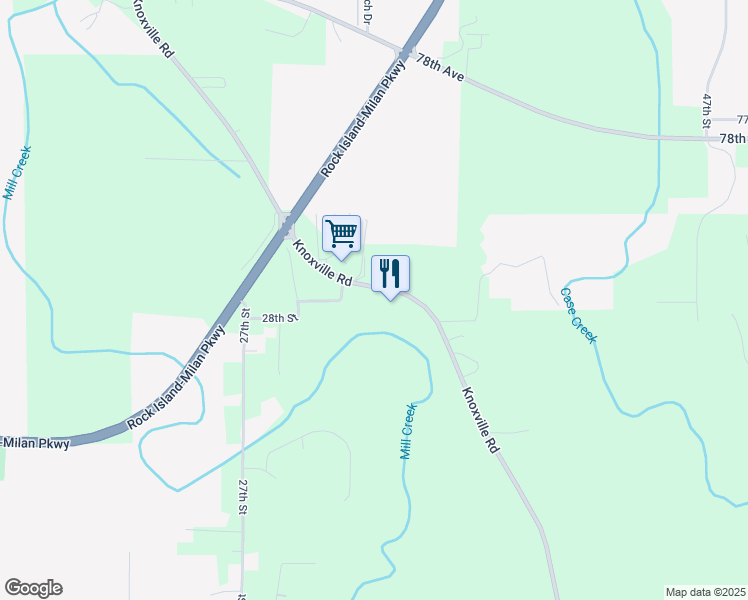 map of restaurants, bars, coffee shops, grocery stores, and more near 8700 Knoxville Road in Milan