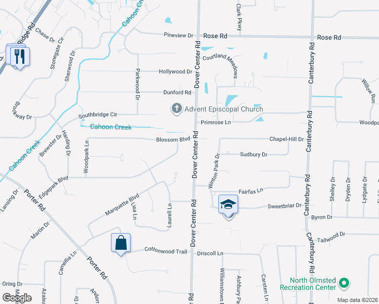map of restaurants, bars, coffee shops, grocery stores, and more near 3853 Edgepark Drive in North Olmsted