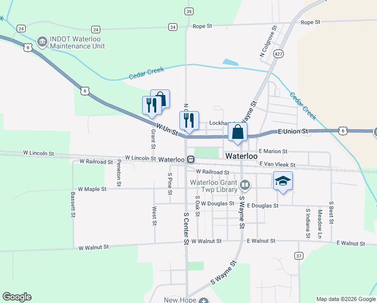map of restaurants, bars, coffee shops, grocery stores, and more near 290 North Center Street in Waterloo