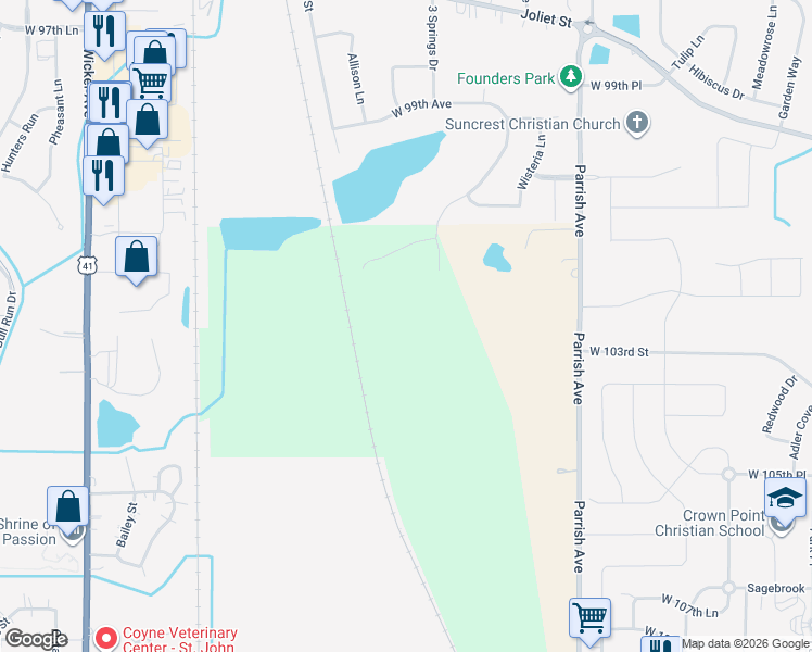 map of restaurants, bars, coffee shops, grocery stores, and more near 10122 Parrish Avenue in Crown Point