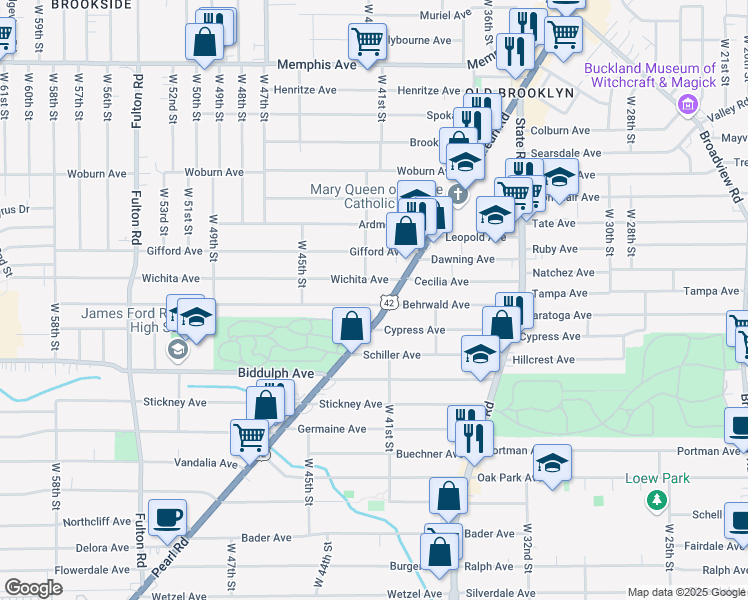 map of restaurants, bars, coffee shops, grocery stores, and more near 4012 Wichita Avenue in Cleveland