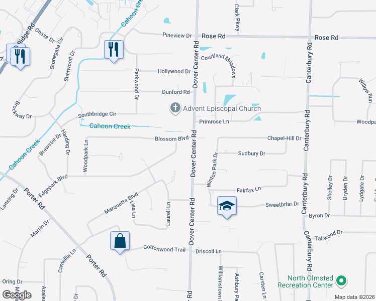 map of restaurants, bars, coffee shops, grocery stores, and more near 3853 Edgepark Drive in North Olmsted