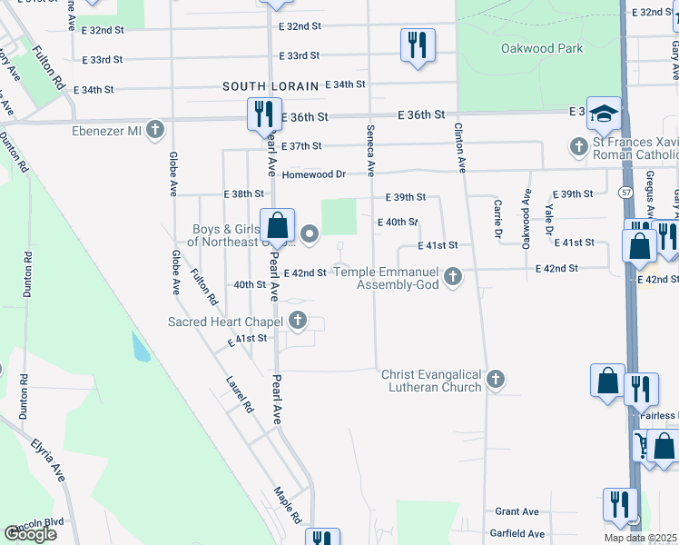 map of restaurants, bars, coffee shops, grocery stores, and more near 4111 Pearl Avenue in Lorain