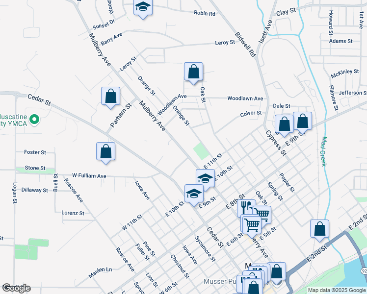 map of restaurants, bars, coffee shops, grocery stores, and more near 1206 Orange Street in Muscatine