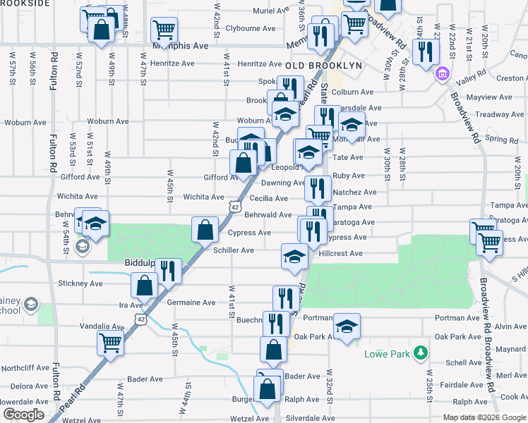 map of restaurants, bars, coffee shops, grocery stores, and more near 3900 Behrwald Avenue in Cleveland