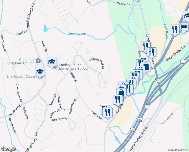 map of restaurants, bars, coffee shops, grocery stores, and more near 2001 Hancock Drive in Danbury