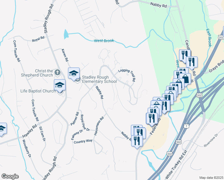 map of restaurants, bars, coffee shops, grocery stores, and more near 1301 Bradford Drive in Danbury