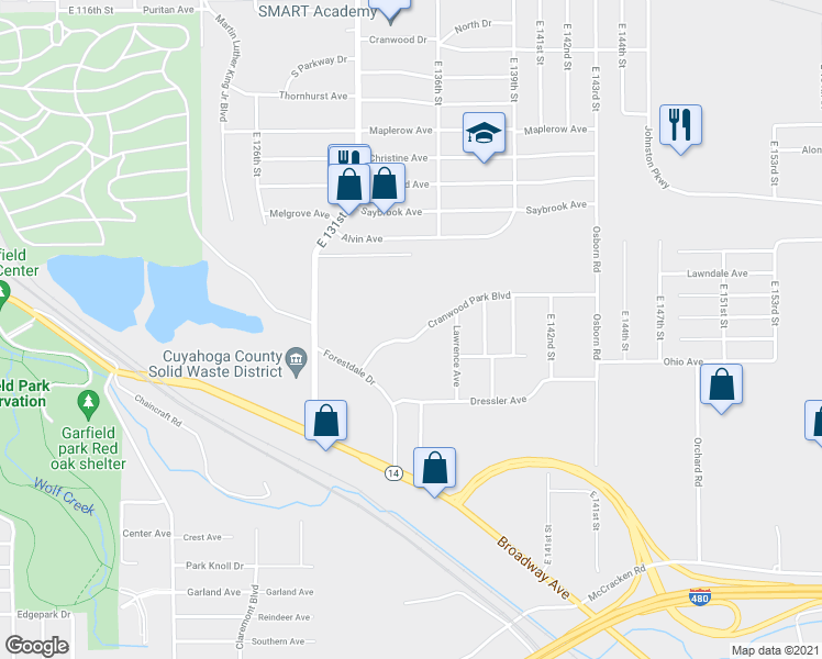 map of restaurants, bars, coffee shops, grocery stores, and more near 13501 Cranwood Park Boulevard in Garfield Heights