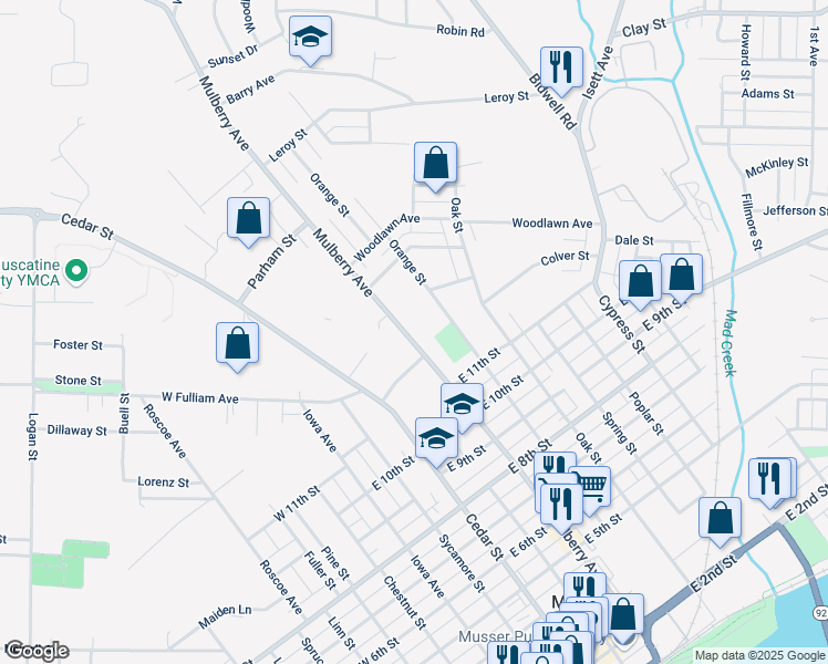 map of restaurants, bars, coffee shops, grocery stores, and more near 1206 Orange Street in Muscatine