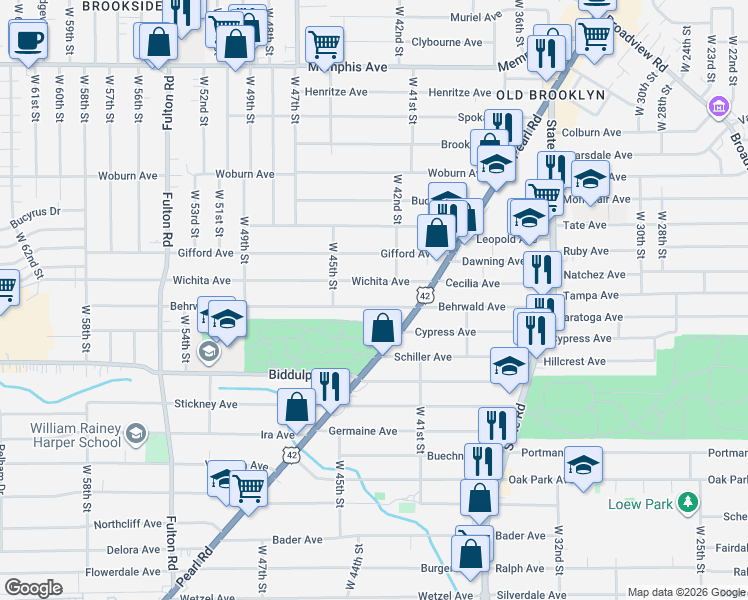 map of restaurants, bars, coffee shops, grocery stores, and more near 4207 Wichita Avenue in Cleveland