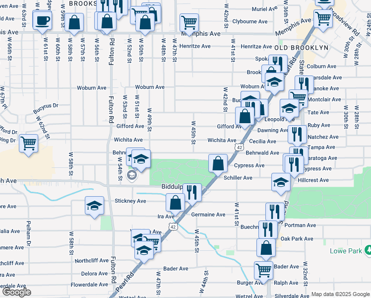 map of restaurants, bars, coffee shops, grocery stores, and more near 4511 Wichita Avenue in Cleveland