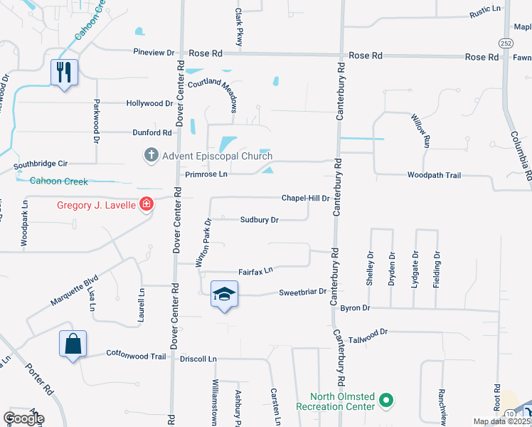 map of restaurants, bars, coffee shops, grocery stores, and more near 26735 Chapel-Hill Drive in North Olmsted