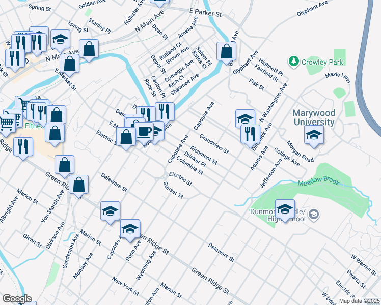 map of restaurants, bars, coffee shops, grocery stores, and more near in Scranton