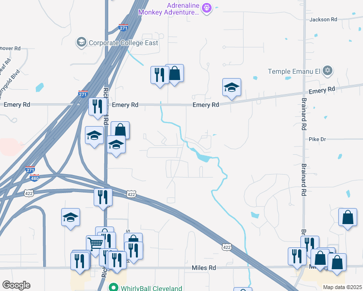 map of restaurants, bars, coffee shops, grocery stores, and more near 4671 Country Lane in Warrensville Heights