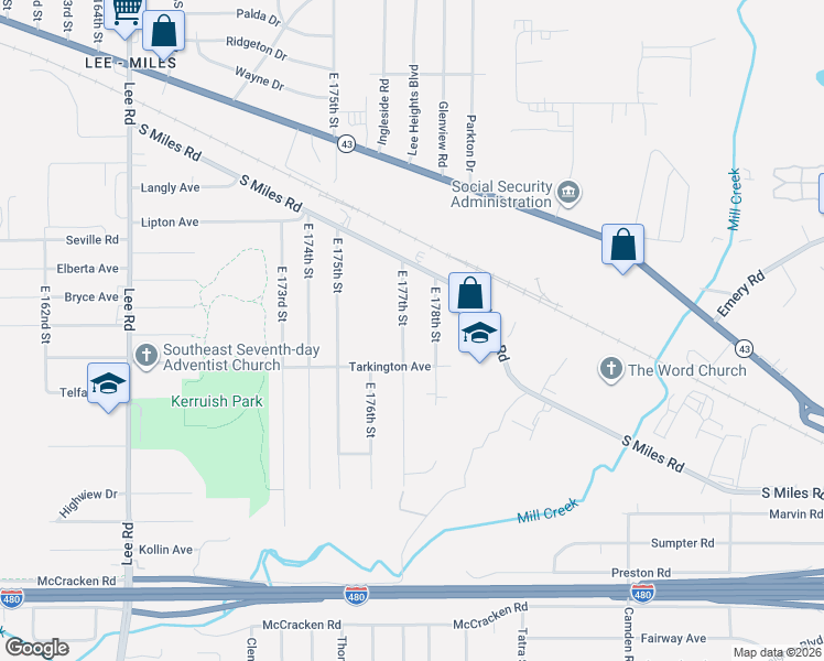 map of restaurants, bars, coffee shops, grocery stores, and more near 4650 East 178th Street in Cleveland
