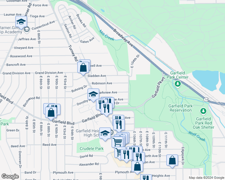map of restaurants, bars, coffee shops, grocery stores, and more near 9908 Robinson Avenue in Garfield Heights