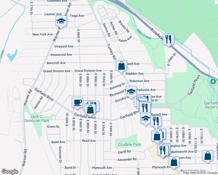 map of restaurants, bars, coffee shops, grocery stores, and more near 4649 East 93rd Street in Garfield Heights