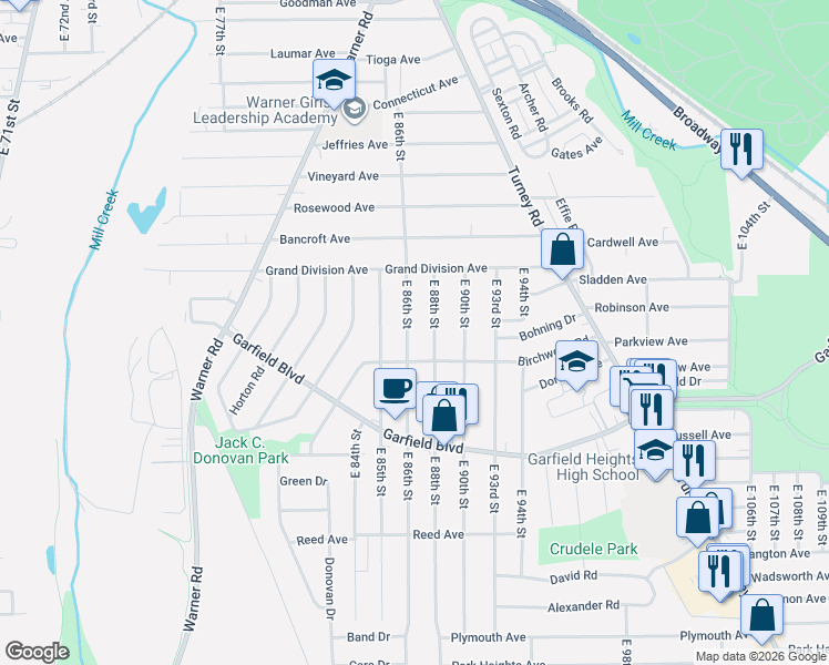 map of restaurants, bars, coffee shops, grocery stores, and more near 4646 East 88th Street in Garfield Heights