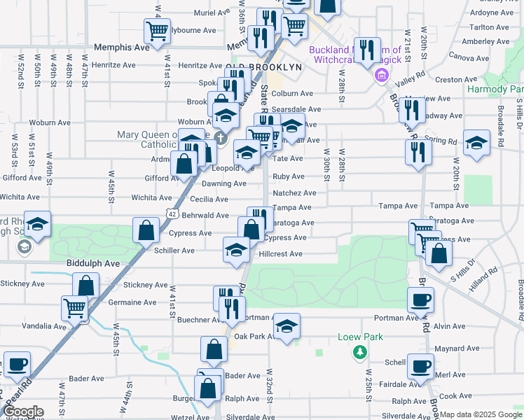 map of restaurants, bars, coffee shops, grocery stores, and more near 3405 Natchez Avenue in Cleveland