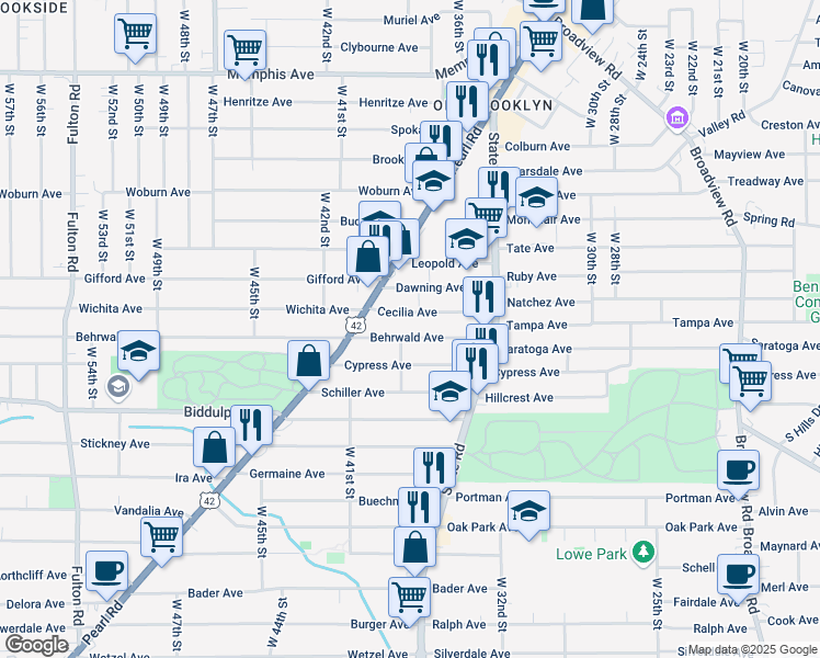 map of restaurants, bars, coffee shops, grocery stores, and more near 3718 Cecilia Avenue in Cleveland