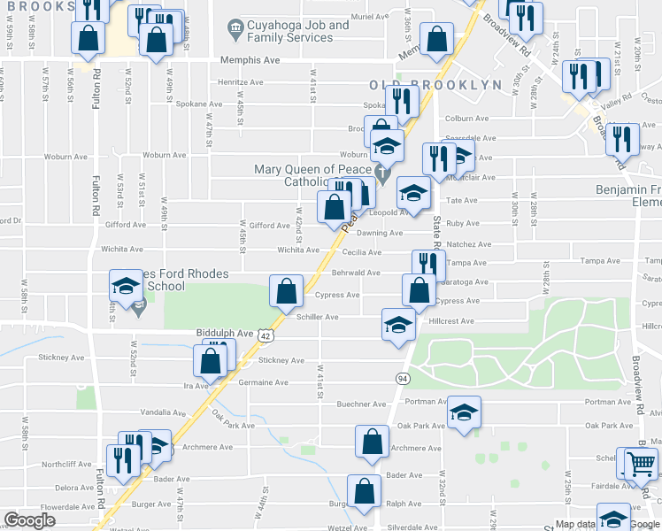 map of restaurants, bars, coffee shops, grocery stores, and more near 4012 Wichita Avenue in Cleveland